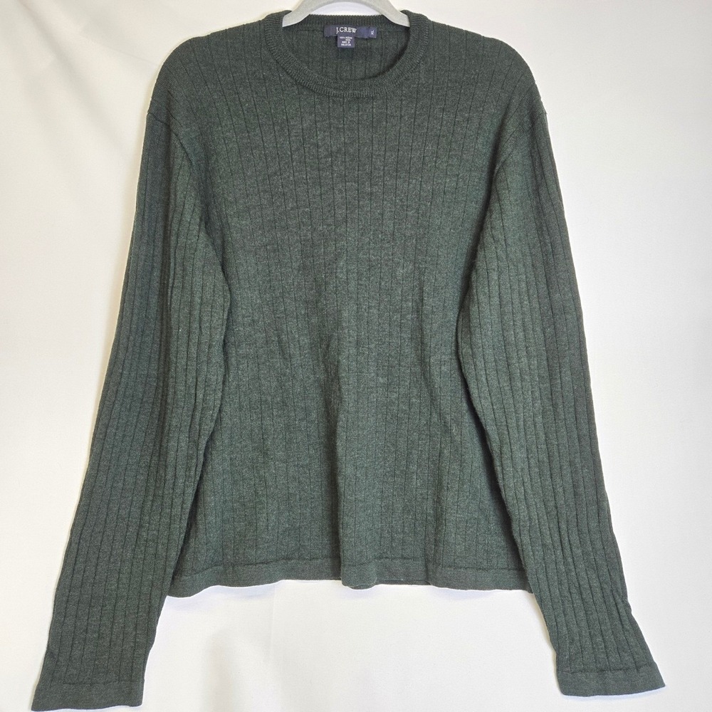 J. Crew 100% Merino Wool Ribbed Long Sleeve Knit Sweater Green Crewneck Men's XL